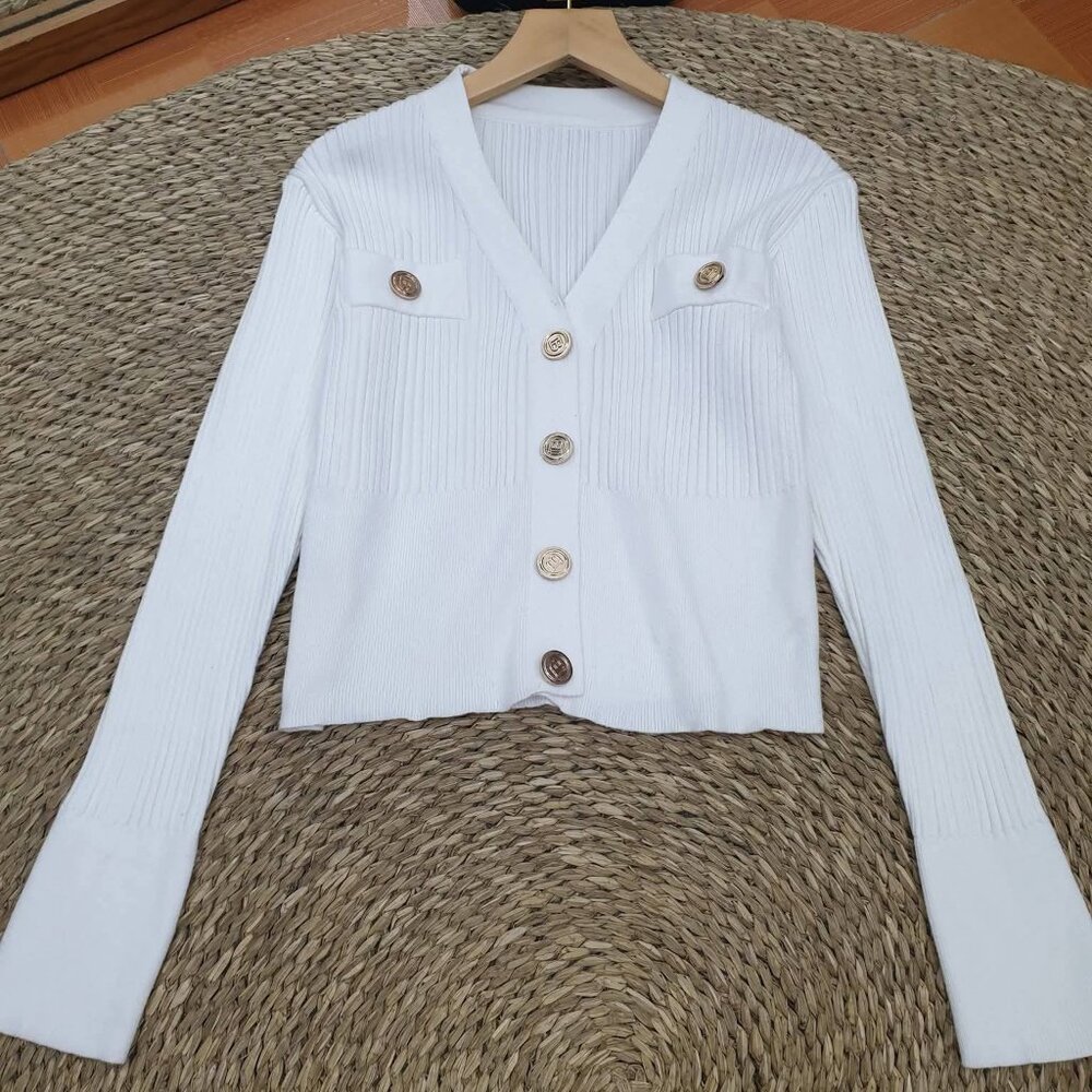 White Ribbed Knit Cardigan Gold Button Crop Top